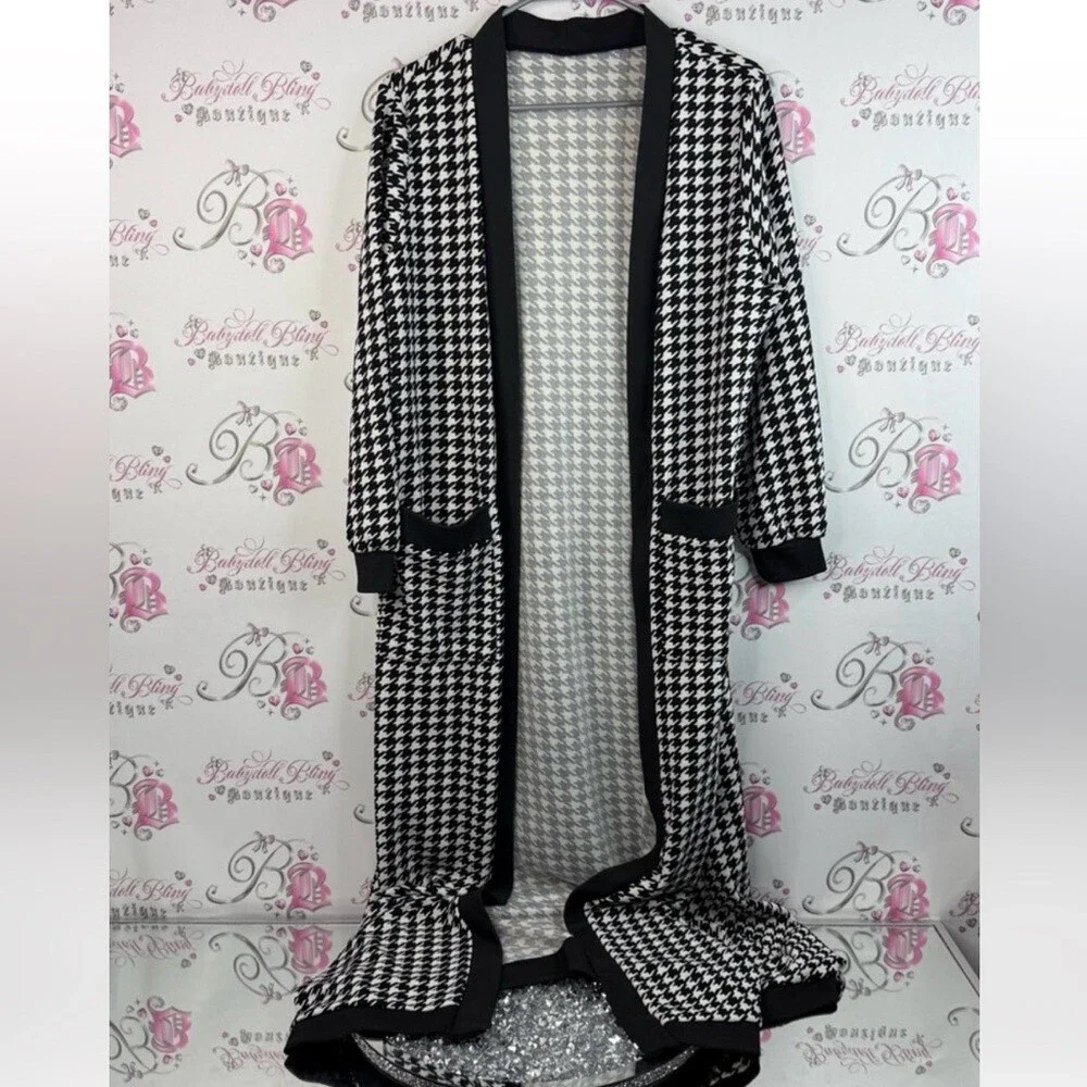 Cardigan long style color block Black and White Houndstooth Long Cardigan